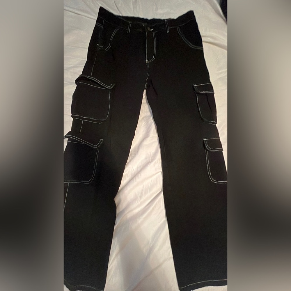 Black Shein Grunge Cargo Pants, White Stitching